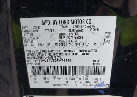 2009 Ford F-150 Lariat z USA, uszkodzony, nr VIN 1FTPW14V59FA75196